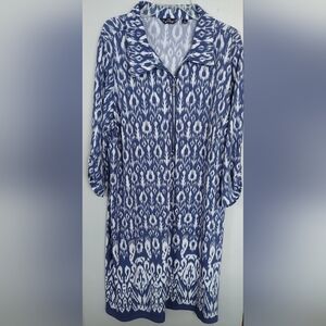 Mile Gabrielle Dress Half Zip Front Roll Tab Sleeve Blue/White Mid 3X